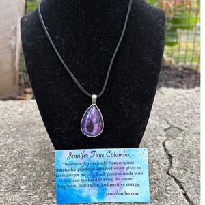 Jennifer Faye Colombo Wearable Art Teardrop Pendant Necklace Purple Silver
